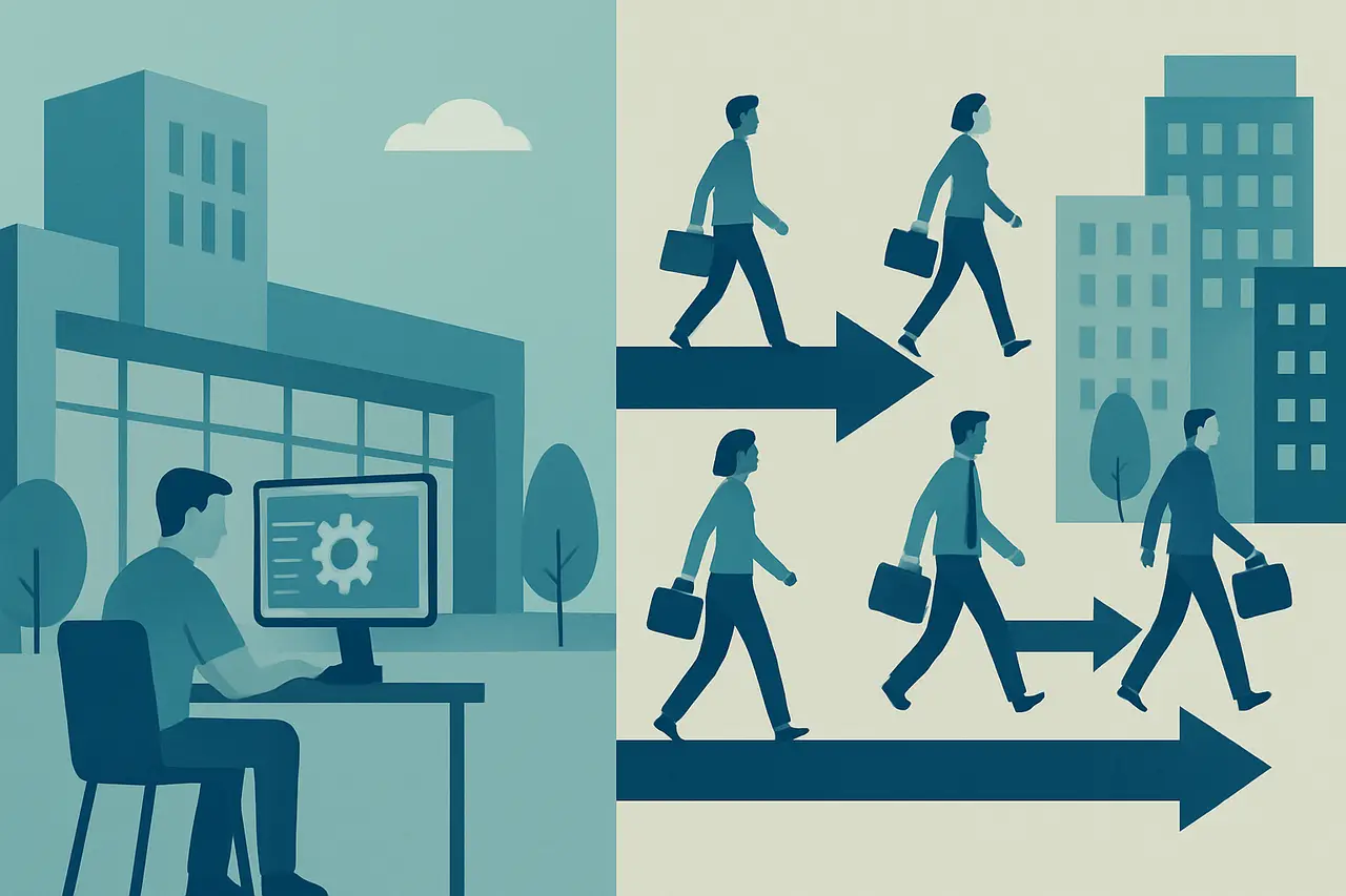 Illustration contrasting a product company hiring one specialist with a services firm deploying many consultants to clients