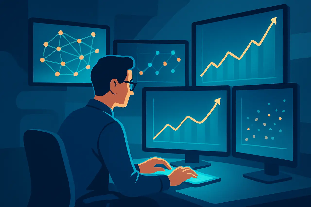 Illustration of a data scientist surrounded by rising charts and neural-network diagrams