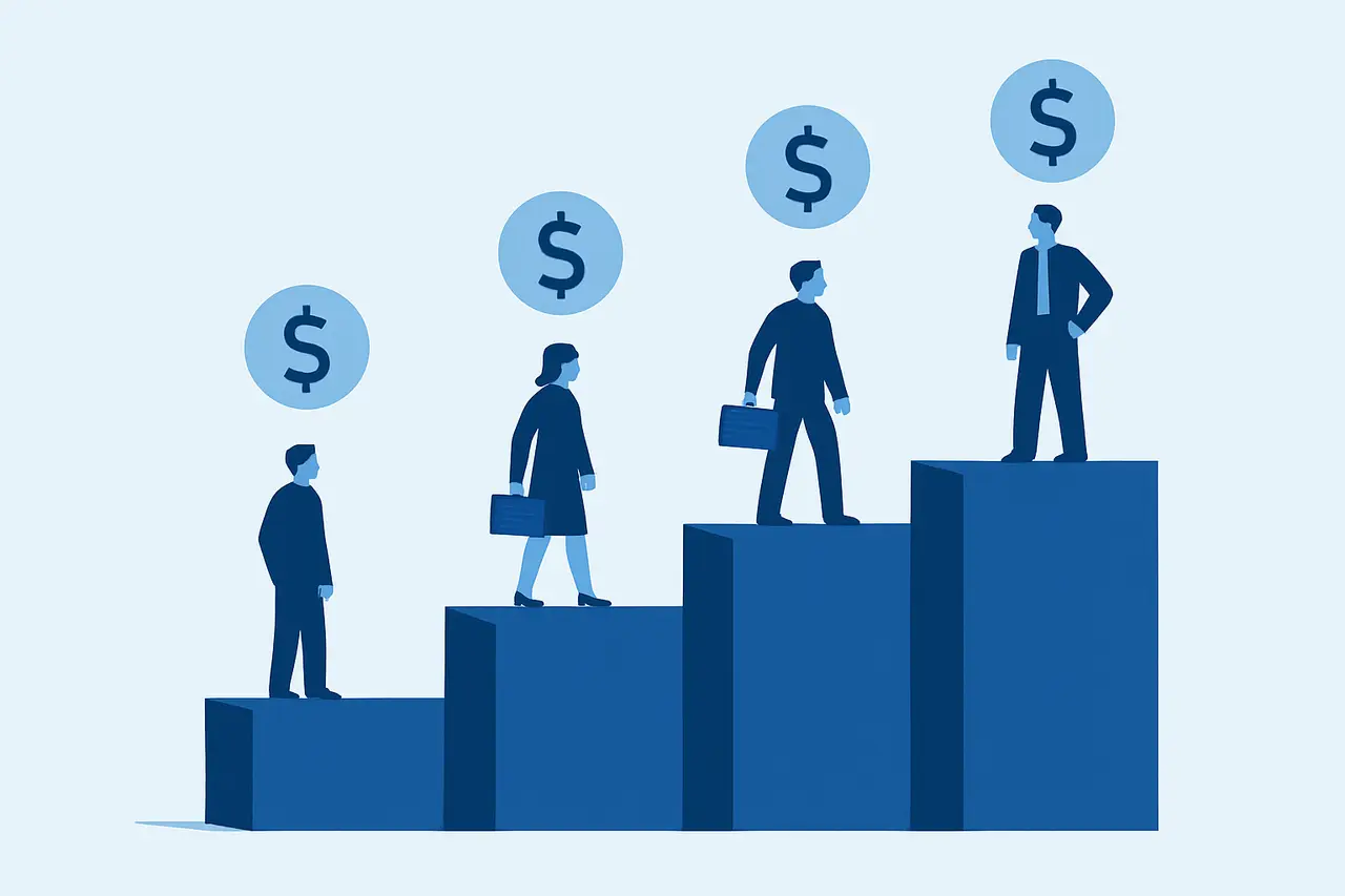 Illustration of a four-step staircase representing DOL wage Levels I through IV rising in height and pay
