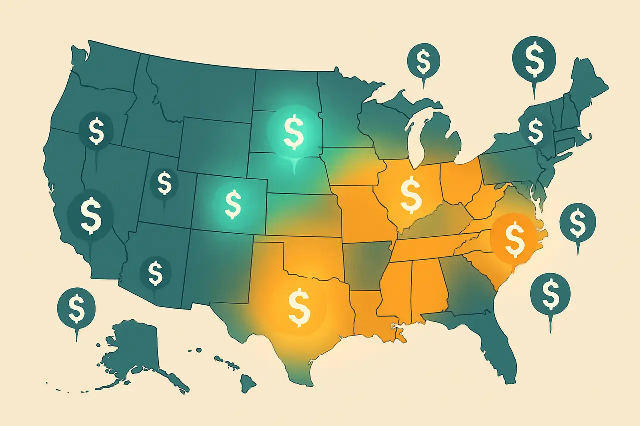 Stylized US map showing H-1B software developer wages varying by state