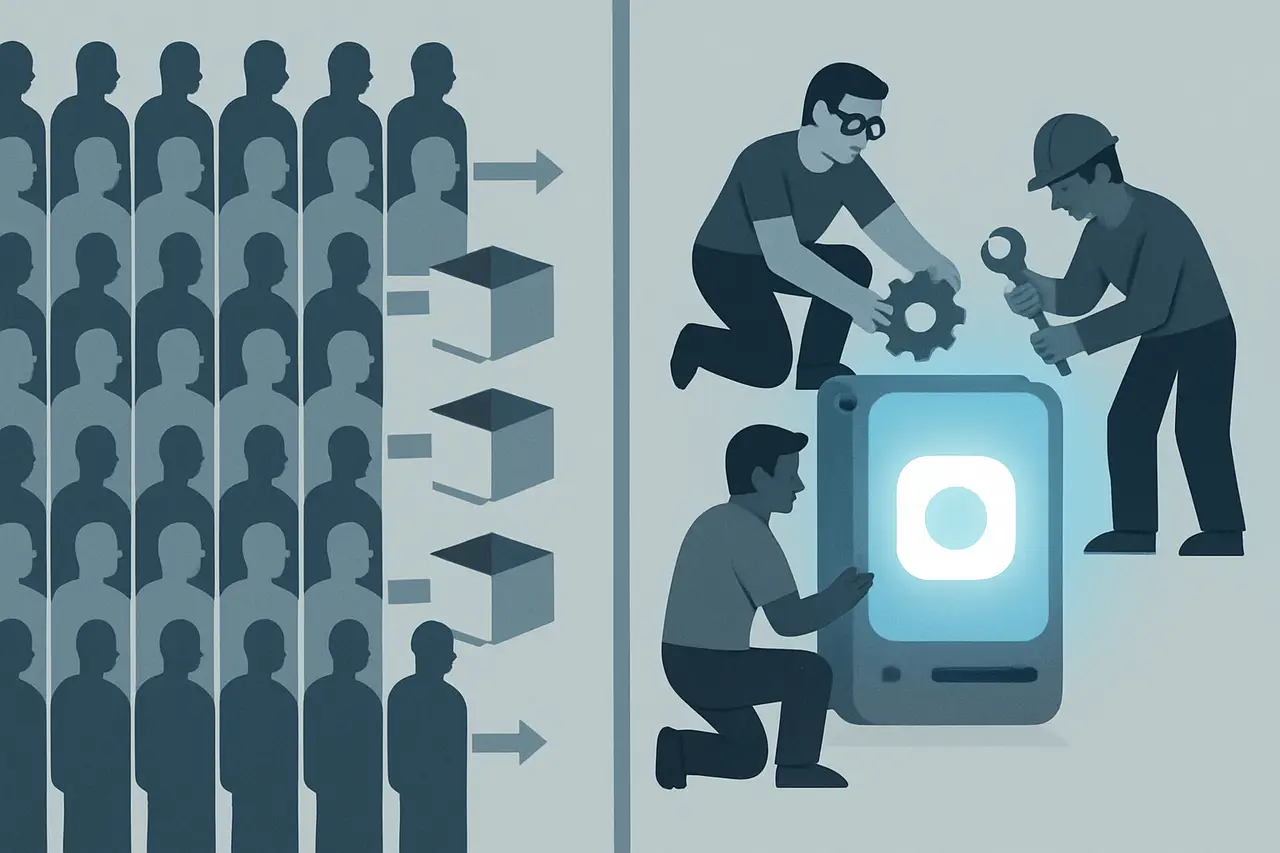 Illustration contrasting an interchangeable staffing workforce with a smaller specialized product-engineering team.